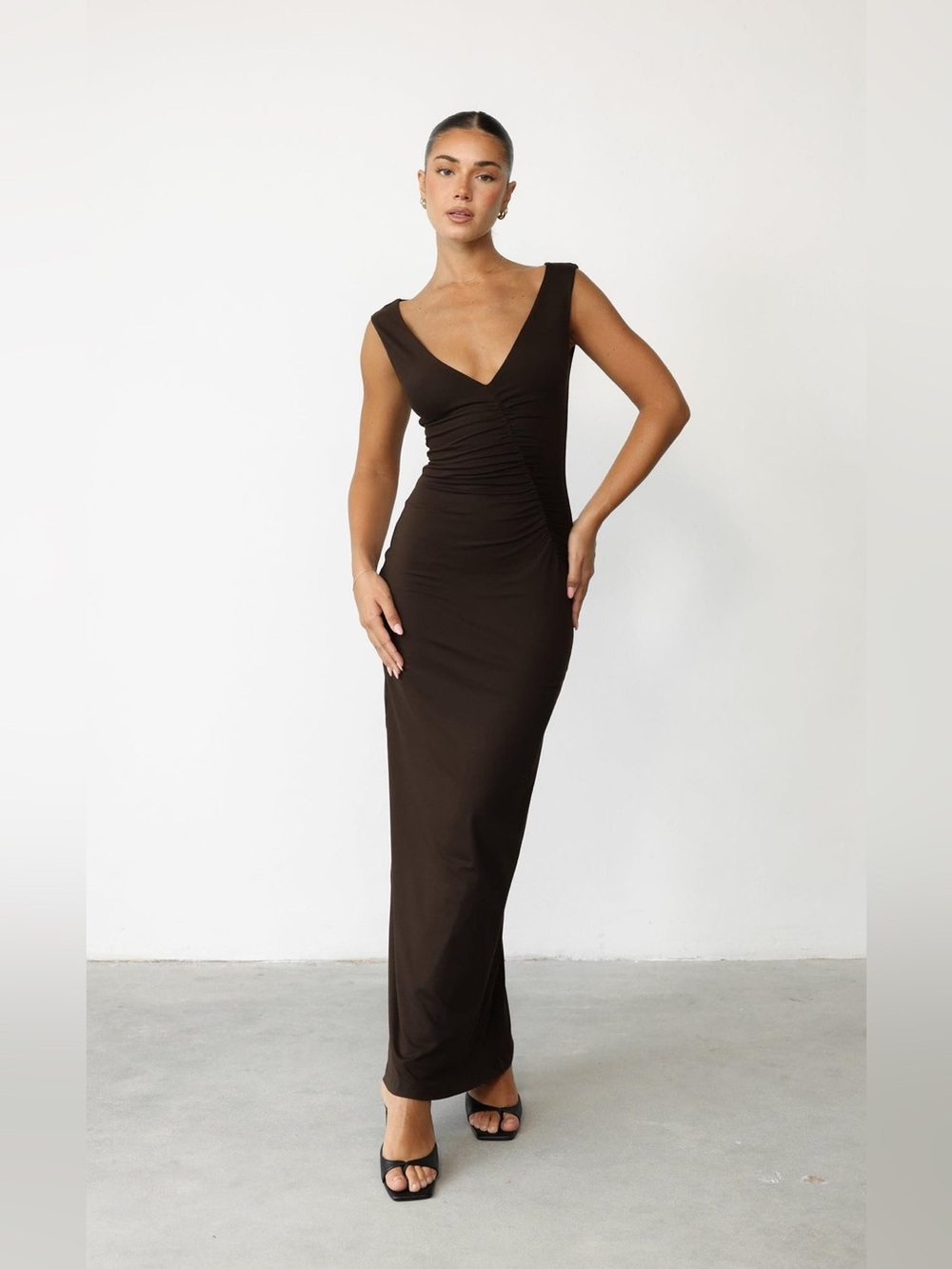 Charcoal - Viola V-Neck Brown Maxi Dress